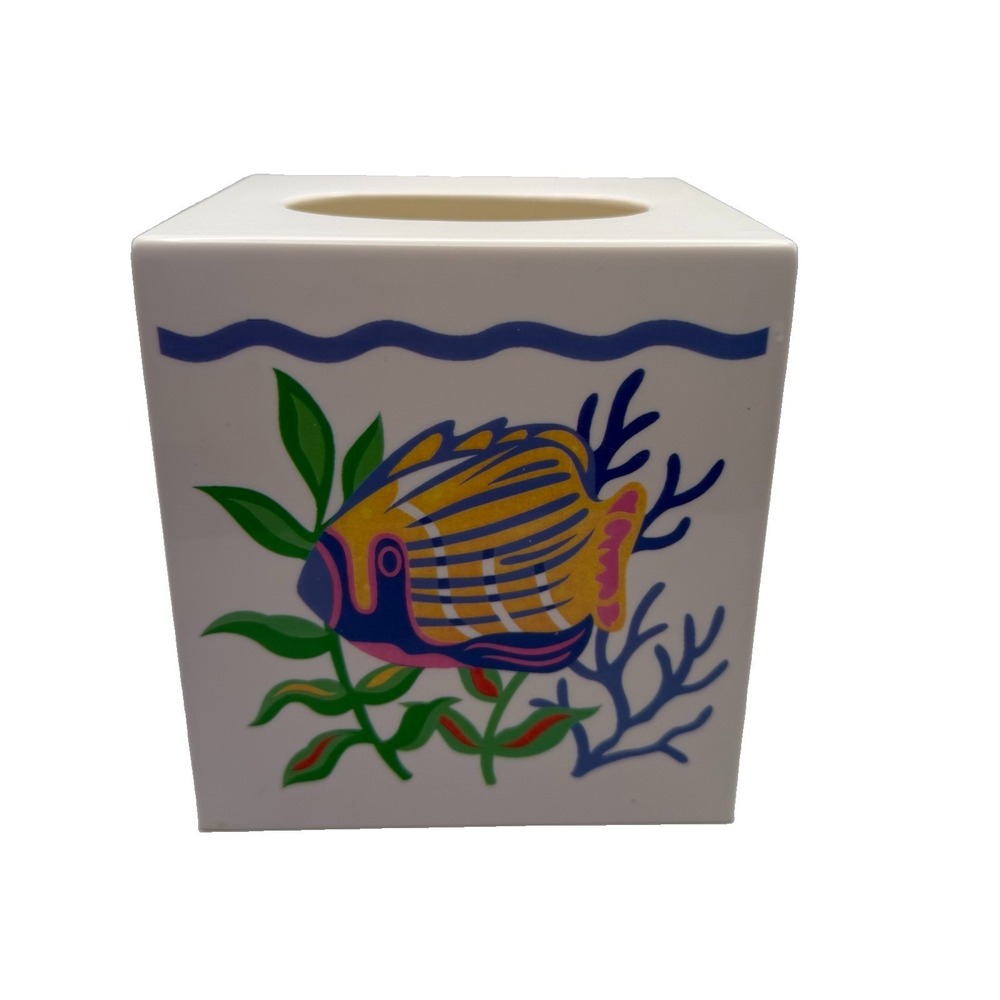 Vintage 90's White Plastic Tissue Box Cover Fish Tropical Angelfish Coral Reef